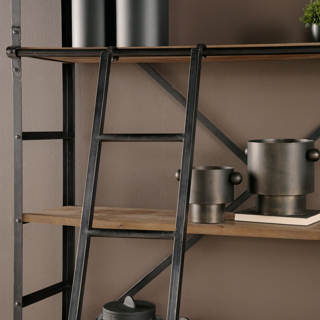 Brodie VIII Brown Wood Gun-Metal Ladder Four Shelf Shelving Unit by Mercana at Eve Furniture
