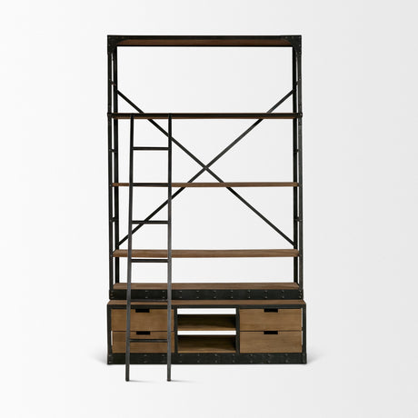 Brodie VIII Brown Wood Gun-Metal Ladder Four Shelf Shelving Unit by Mercana at Eve Furniture