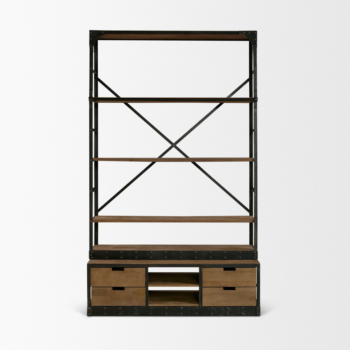 Brodie VIII Brown Wood Gun-Metal Ladder Four Shelf Shelving Unit by Mercana at Eve Furniture