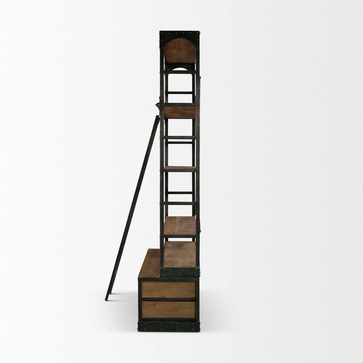 Brodie VIII Brown Wood Gun-Metal Ladder Four Shelf Shelving Unit by Mercana at Eve Furniture