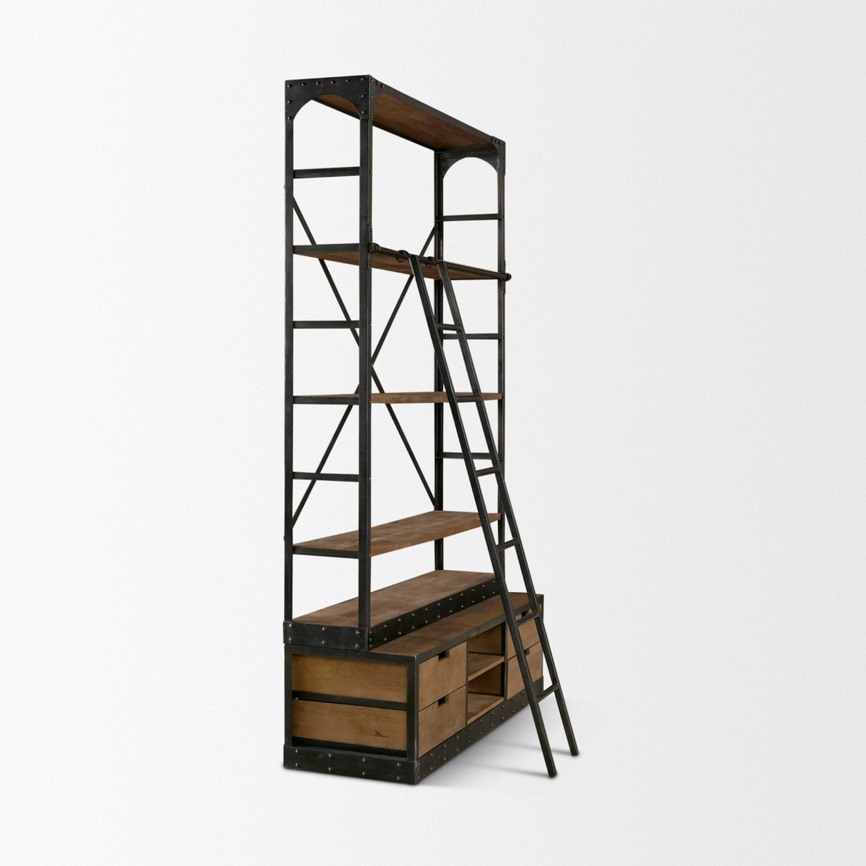 Brodie VIII Brown Wood Gun-Metal Ladder Four Shelf Shelving Unit by Mercana at Eve Furniture