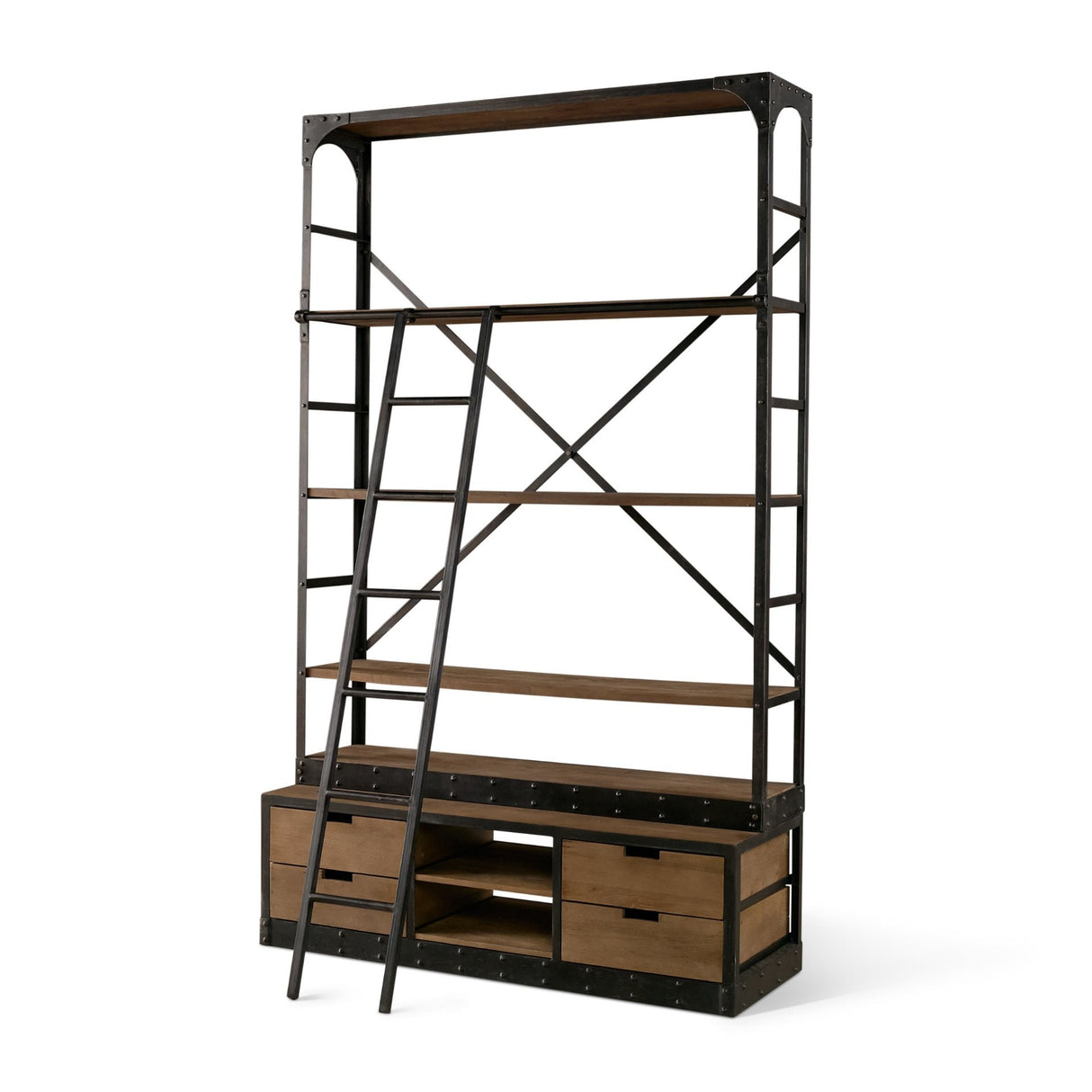 Brodie VIII Brown Wood Gun-Metal Ladder Four Shelf Shelving Unit by Mercana at Eve Furniture