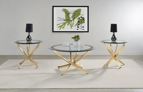 Brooke Brass 3-piece Round Glass Top Coffee Table Set by Coaster at Eve Furniture