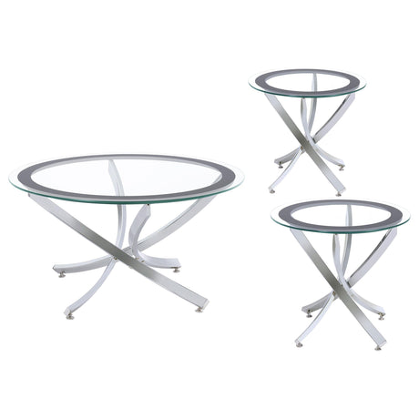 Brooke Chrome 3-piece Round Glass Top Coffee Table Set by Coaster at Eve Furniture