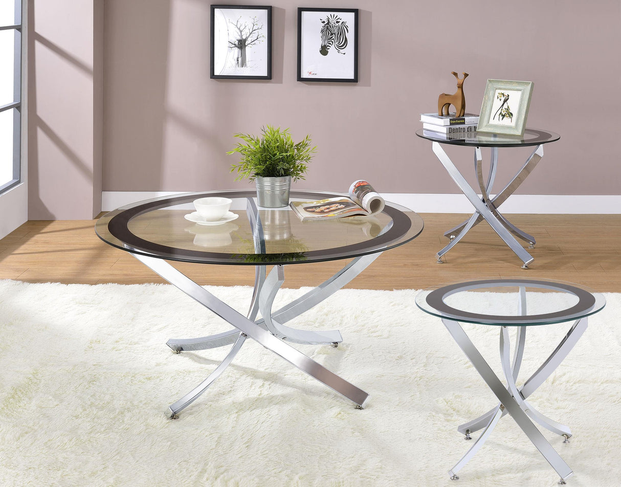 Brooke Chrome 3-piece Round Glass Top Coffee Table Set by Coaster at Eve Furniture