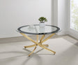 Brooke Round Glass Top Coffee Table Metal Base Brass by Coaster at Eve Furniture