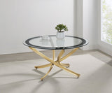 Brooke Round Glass Top Coffee Table Metal Base Brass by Coaster at Eve Furniture