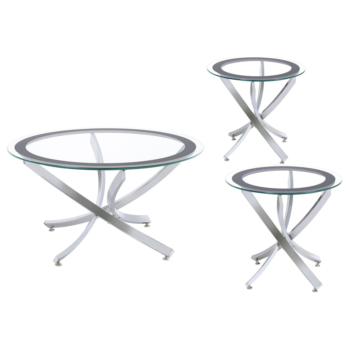 Brooke Chrome 3-piece Round Glass Top Coffee Table Set by Coaster at Eve Furniture