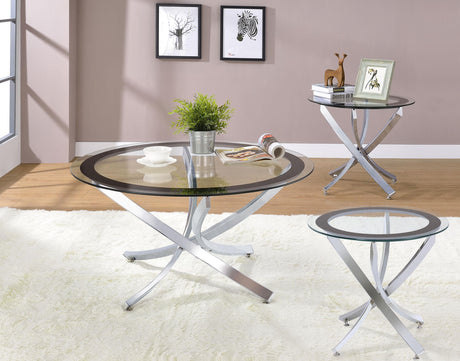 Brooke Chrome 3-piece Round Glass Top Coffee Table Set by Coaster at Eve Furniture