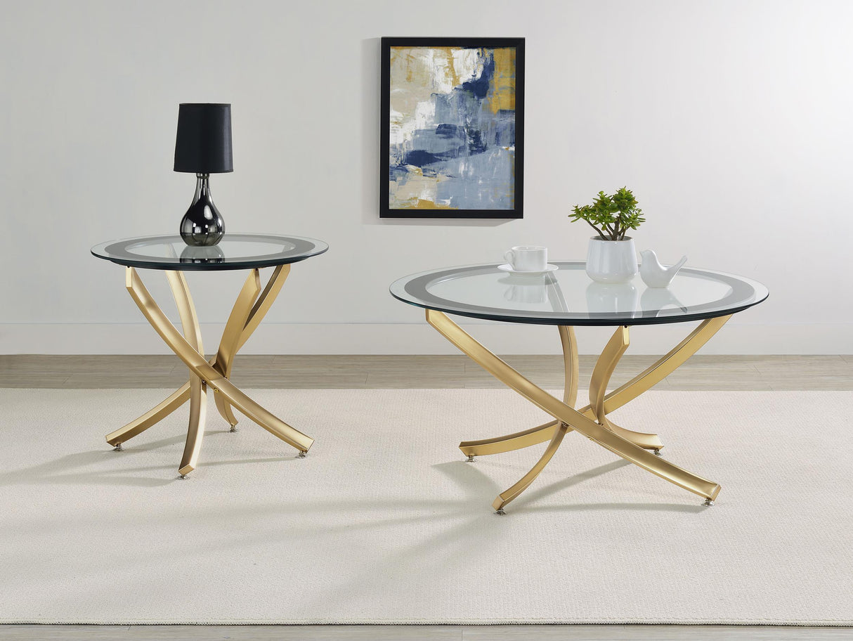 Brooke Round Glass Top Side End Table Metal Base Brass by Coaster at Eve Furniture
