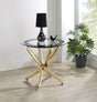 Brooke Round Glass Top Side End Table Metal Base Brass by Coaster at Eve Furniture