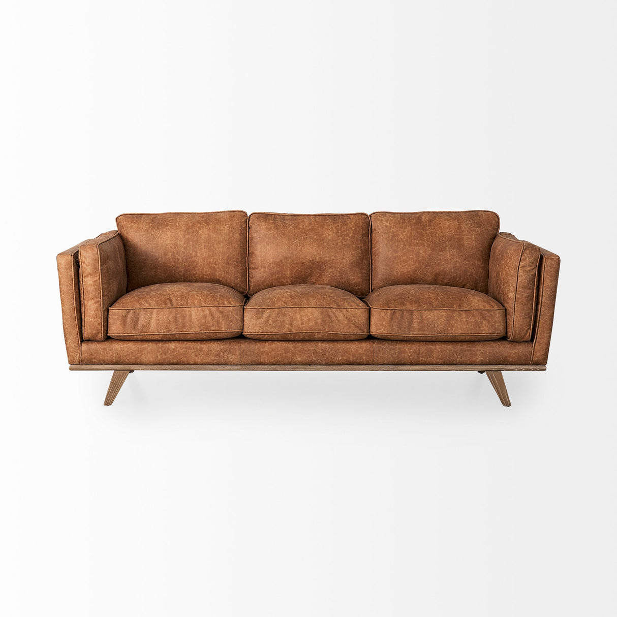 Brooks 90.2L x 34.8W x 33.5H Cognac Brown Faux Leather Three Seater Sofa W/ Medium Brown Wooden Legs by Mercana at Eve Furniture