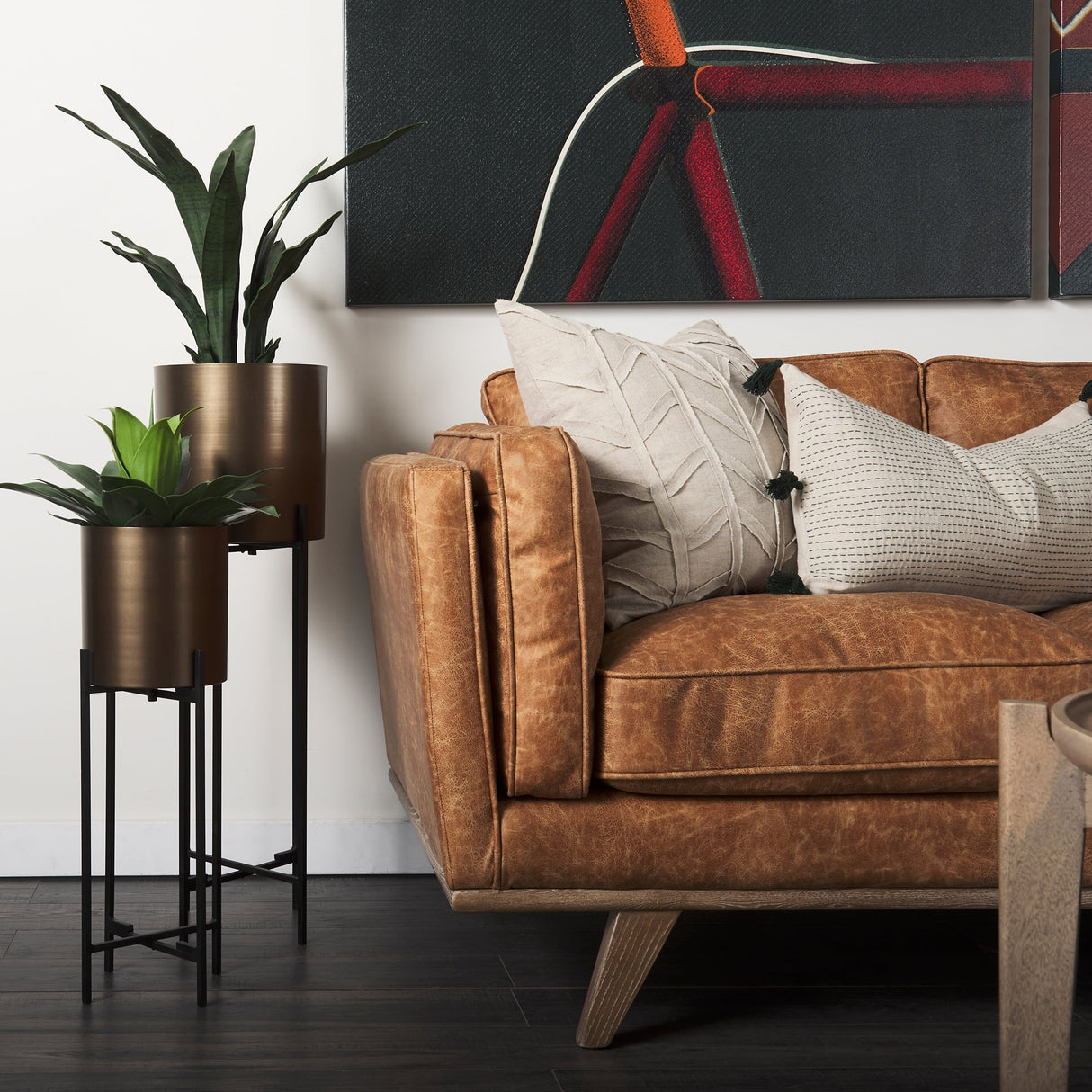 Brooks Cognac Faux Leather Three Seater Sofa With Medium Brown Wooden Legs by Mercana at Eve Furniture