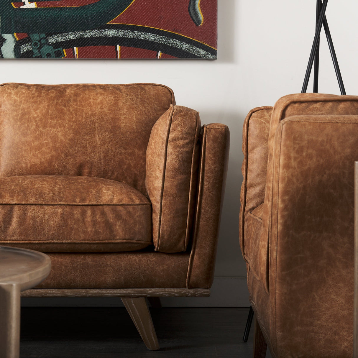 Brooks Cognac Faux Leather Three Seater Sofa With Medium Brown Wooden Legs by Mercana at Eve Furniture