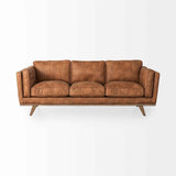 Brooks Cognac Faux Leather Three Seater Sofa With Medium Brown Wooden Legs by Mercana at Eve Furniture