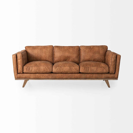 Brooks Cognac Faux Leather Three Seater Sofa With Medium Brown Wooden Legs by Mercana at Eve Furniture