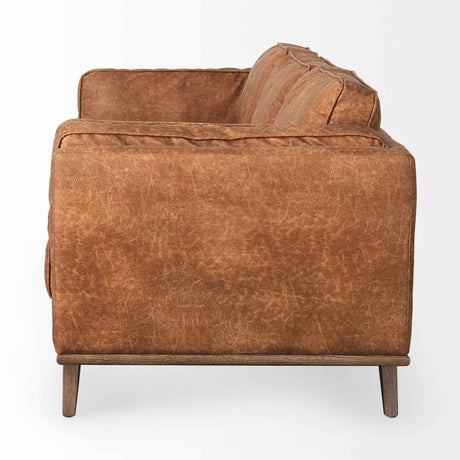 Brooks Cognac Faux Leather Three Seater Sofa With Medium Brown Wooden Legs by Mercana at Eve Furniture