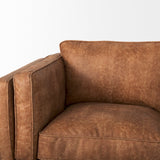 Brooks Cognac Faux Leather Three Seater Sofa With Medium Brown Wooden Legs by Mercana at Eve Furniture