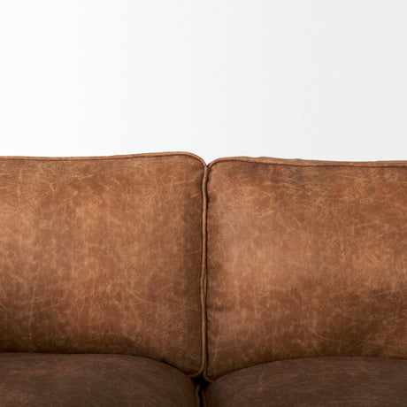 Brooks Cognac Faux Leather Three Seater Sofa With Medium Brown Wooden Legs by Mercana at Eve Furniture
