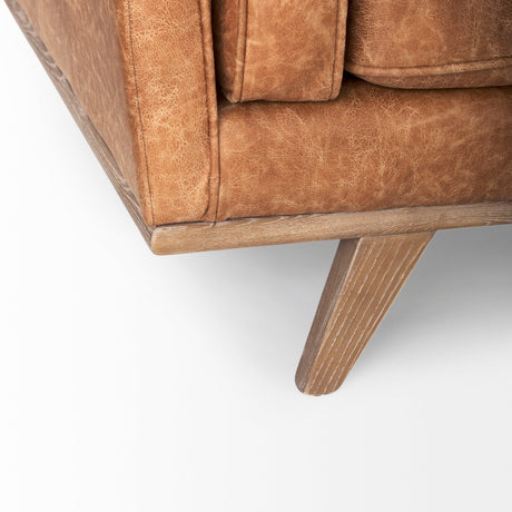 Brooks Cognac Faux Leather Three Seater Sofa With Medium Brown Wooden Legs by Mercana at Eve Furniture