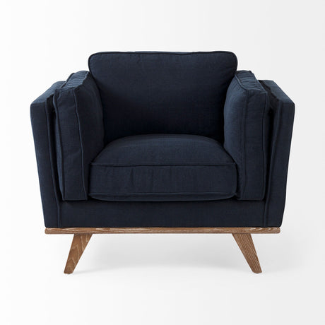 Brooks Navy Blue Fabric Chair W/ Medium Brown Wooden Legs by Mercana at Eve Furniture