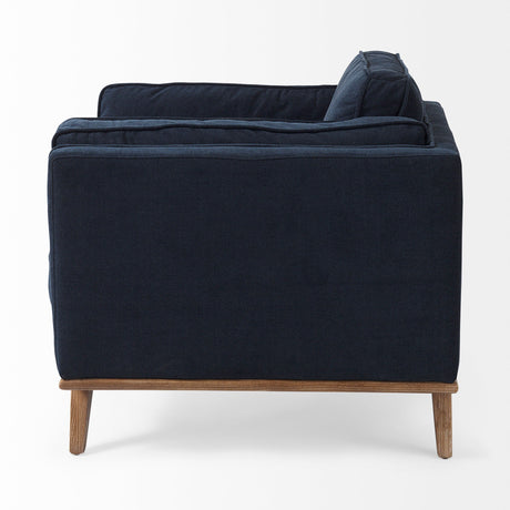 Brooks Navy Blue Fabric Chair W/ Medium Brown Wooden Legs by Mercana at Eve Furniture