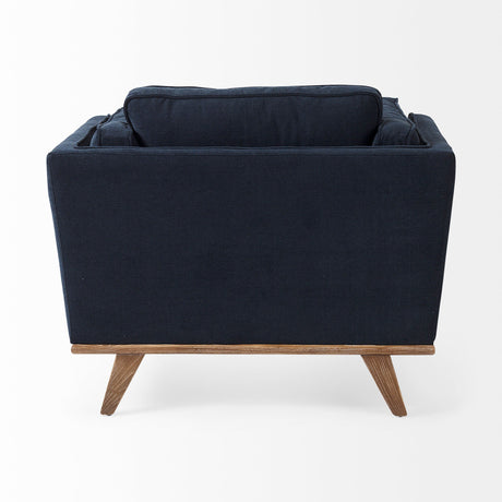 Brooks Navy Blue Fabric Chair W/ Medium Brown Wooden Legs by Mercana at Eve Furniture