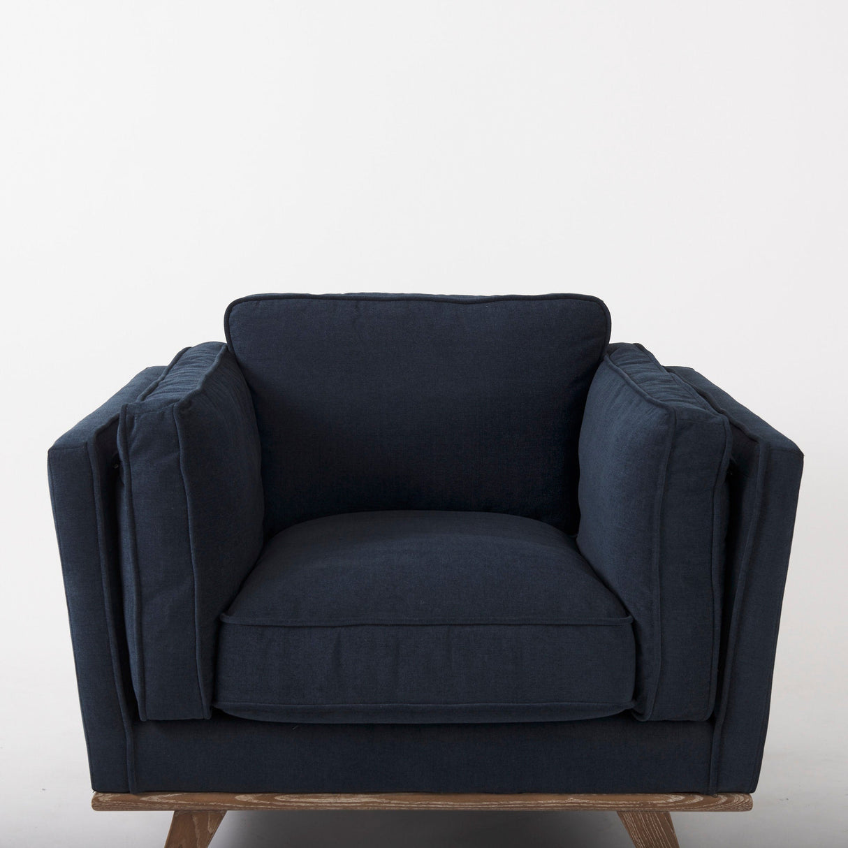 Brooks Navy Blue Fabric Chair W/ Medium Brown Wooden Legs by Mercana at Eve Furniture