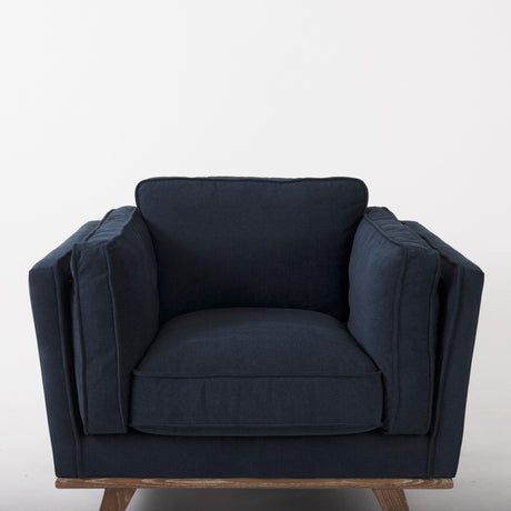 Brooks Navy Blue Fabric Chair W/ Medium Brown Wooden Legs by Mercana at Eve Furniture