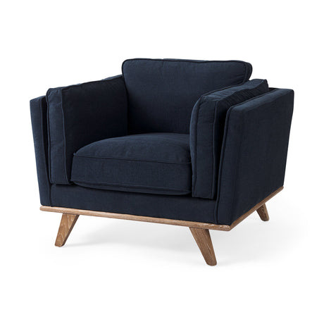 Brooks Navy Blue Fabric Chair W/ Medium Brown Wooden Legs by Mercana at Eve Furniture