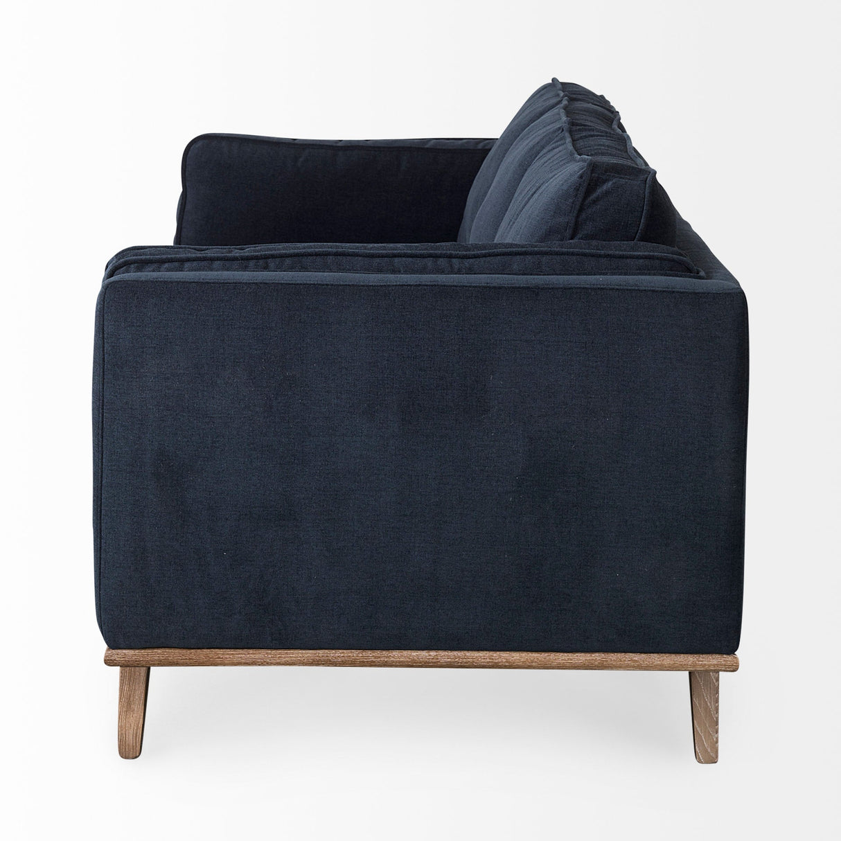 Brooks Navy Blue Fabric Three Seater Sofa W/ Medium Brown Wooden Legs by Mercana at Eve Furniture