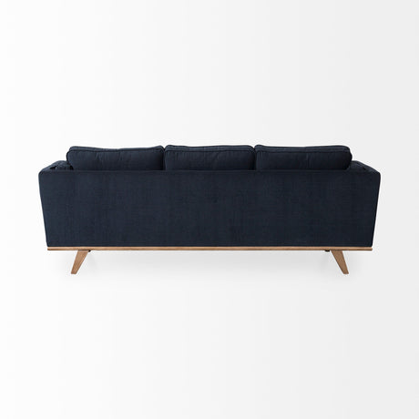 Brooks Navy Blue Fabric Three Seater Sofa W/ Medium Brown Wooden Legs by Mercana at Eve Furniture