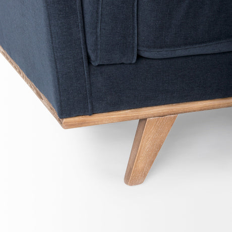 Brooks Navy Blue Fabric Three Seater Sofa W/ Medium Brown Wooden Legs by Mercana at Eve Furniture