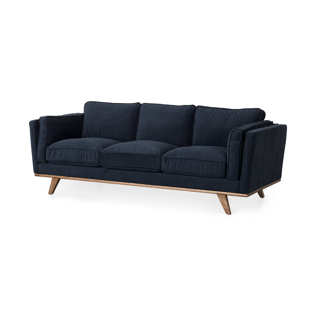 Brooks Navy Blue Fabric Three Seater Sofa W/ Medium Brown Wooden Legs by Mercana at Eve Furniture