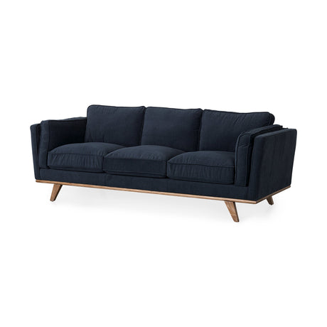 Brooks Navy Blue Fabric Three Seater Sofa W/ Medium Brown Wooden Legs by Mercana at Eve Furniture
