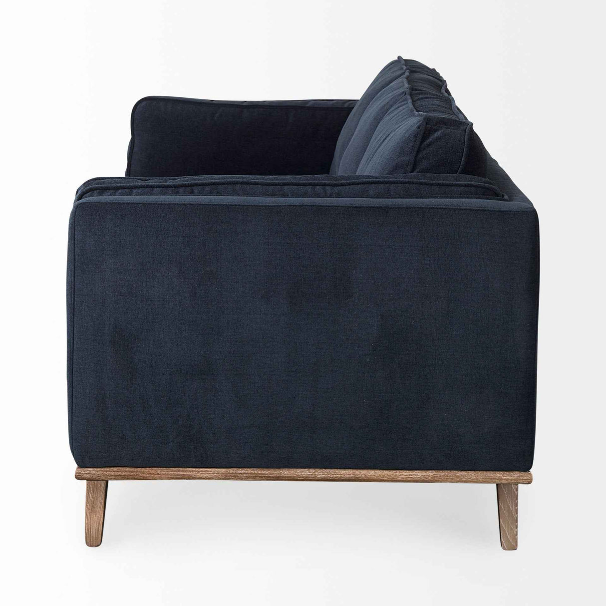 Brooks Navy Blue Fabric Three Seater Sofa With Medium Brown Wooden Legs by Mercana at Eve Furniture