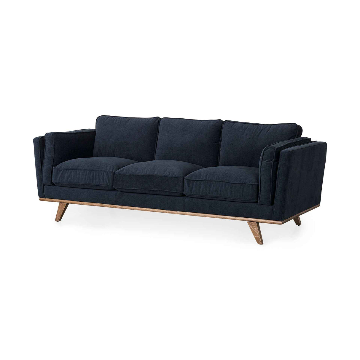 Brooks Navy Blue Fabric Three Seater Sofa With Medium Brown Wooden Legs by Mercana at Eve Furniture