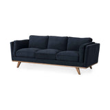 Brooks Navy Blue Fabric Three Seater Sofa With Medium Brown Wooden Legs by Mercana at Eve Furniture