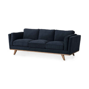 Brooks Navy Blue Fabric Three Seater Sofa With Medium Brown Wooden Legs by Mercana at Eve Furniture