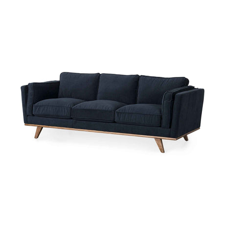 Brooks Navy Blue Fabric Three Seater Sofa With Medium Brown Wooden Legs by Mercana at Eve Furniture