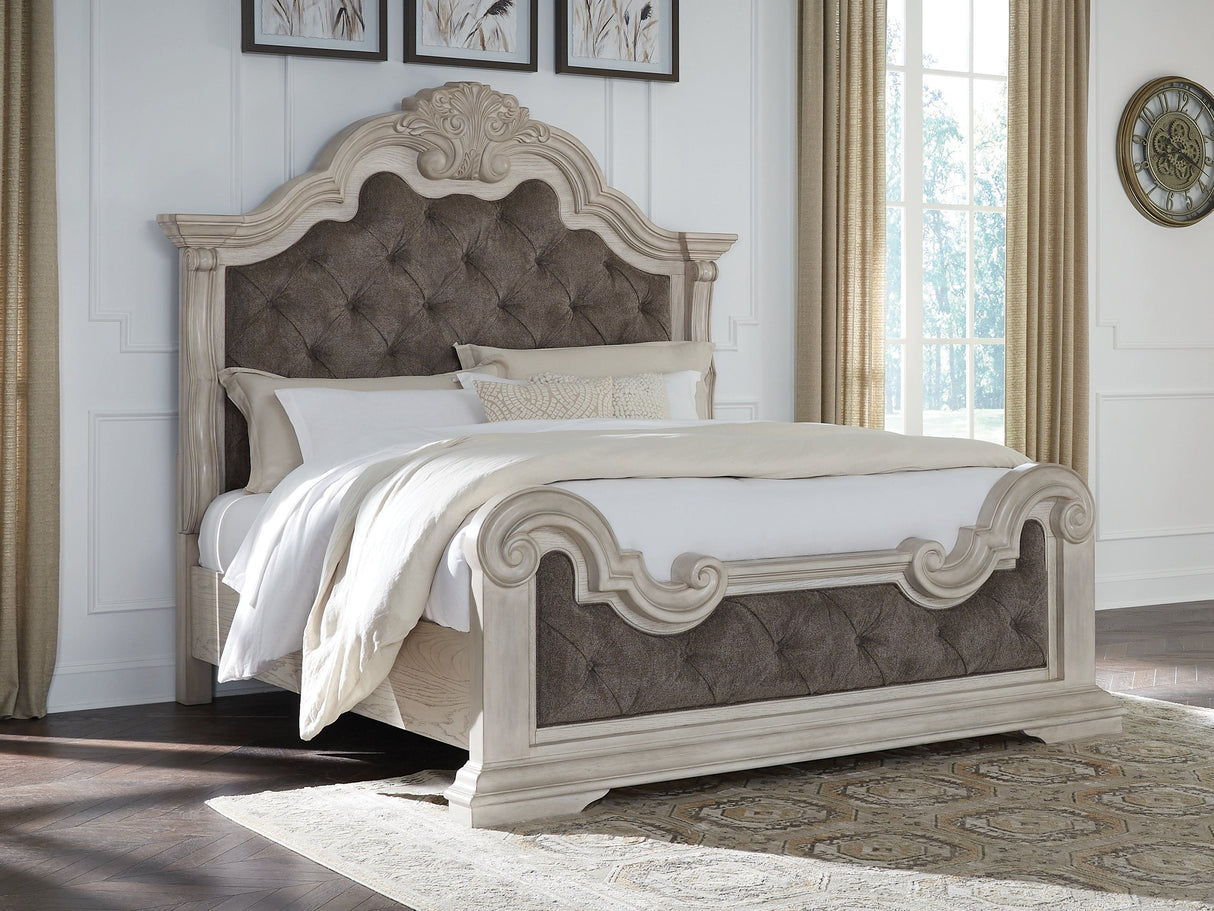 Bruchandi Antique White Queen Upholstered Panel Bed by Ashley at Eve Furniture