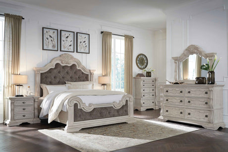 Bruchandi Antique White Upholstered Panel Bedroom Set by Ashley at Eve Furniture