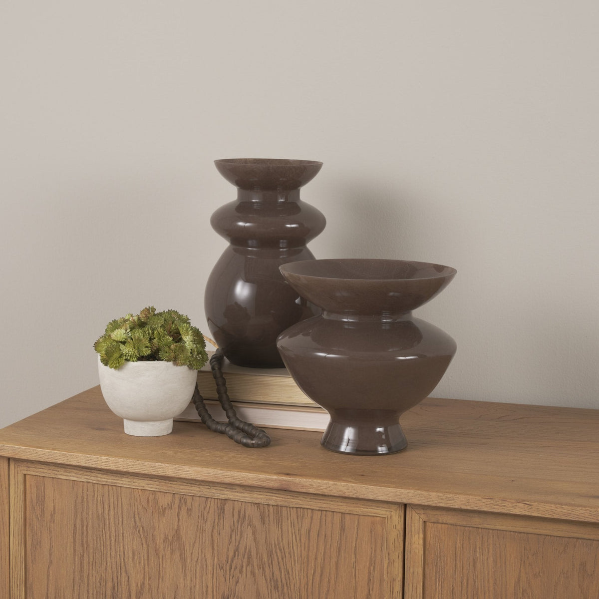 Bruna Wide Mouth Geometric Brown Glass Vase by Mercana at Eve Furniture