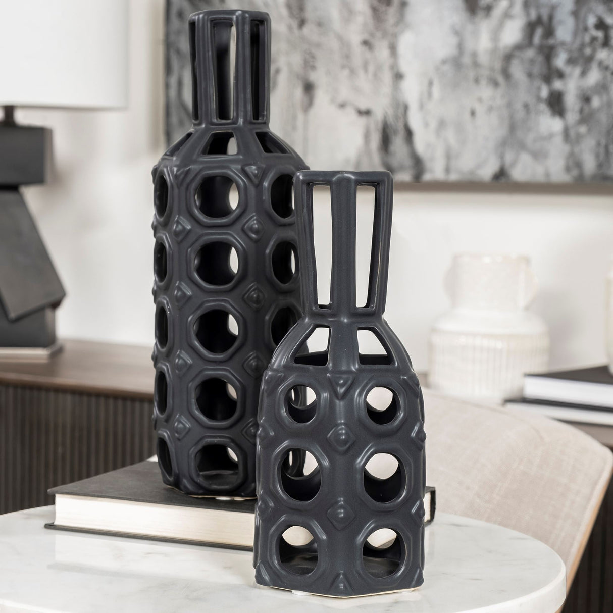 Brunel Large Black Drum-Shaped Ceramic Vase by Mercana at Eve Furniture