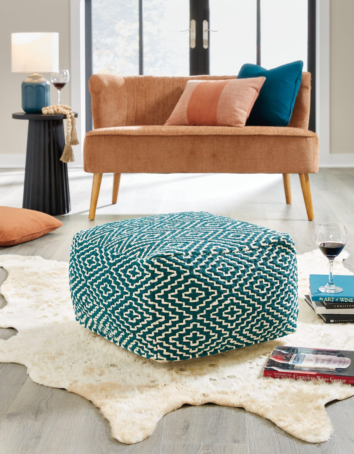 Brynnsen Teal/Ivory Pouf by Ashley at Eve Furniture