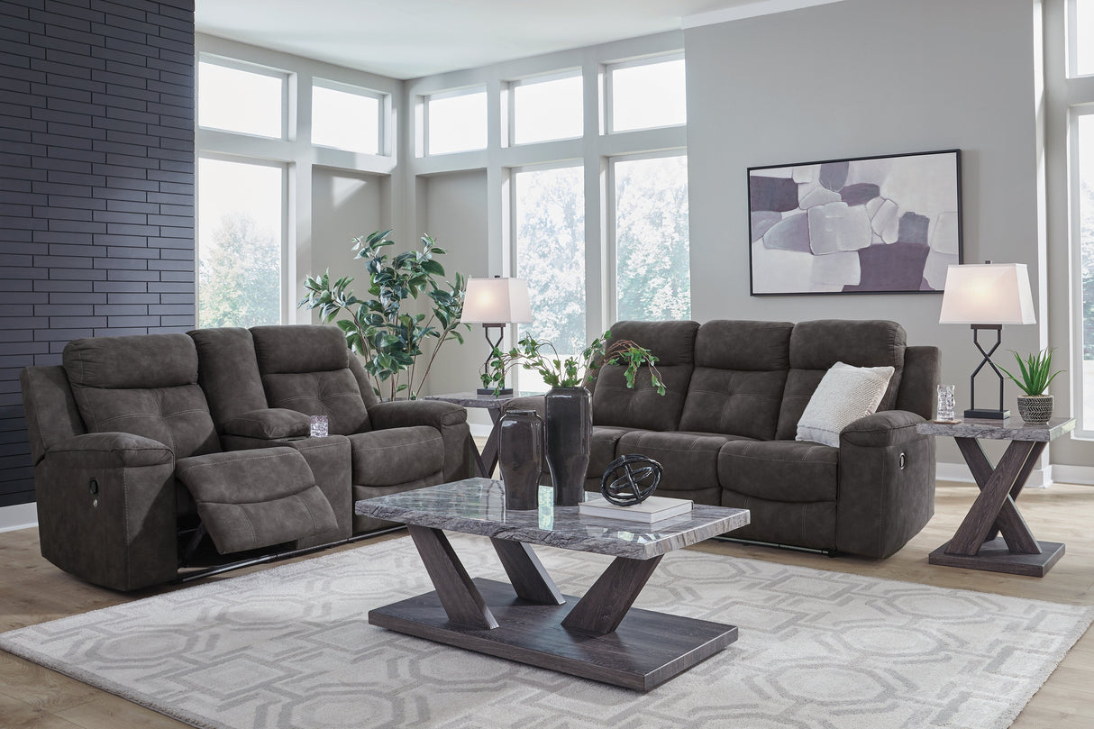 Brysonview Charcoal Reclining Sofa and Loveseat by Ashley at Eve Furniture
