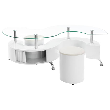 Buckley Curved Glass Top Coffee Table With Stools White High Gloss by Coaster at Eve Furniture
