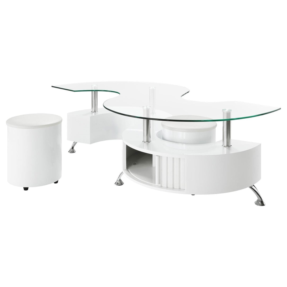 Buckley Curved Glass Top Coffee Table With Stools White High Gloss by Coaster at Eve Furniture