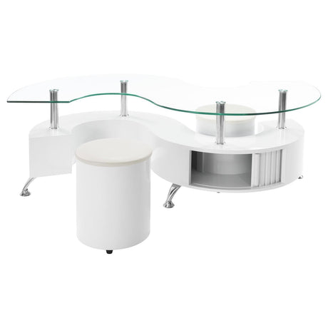Buckley Curved Glass Top Coffee Table With Stools White High Gloss by Coaster at Eve Furniture
