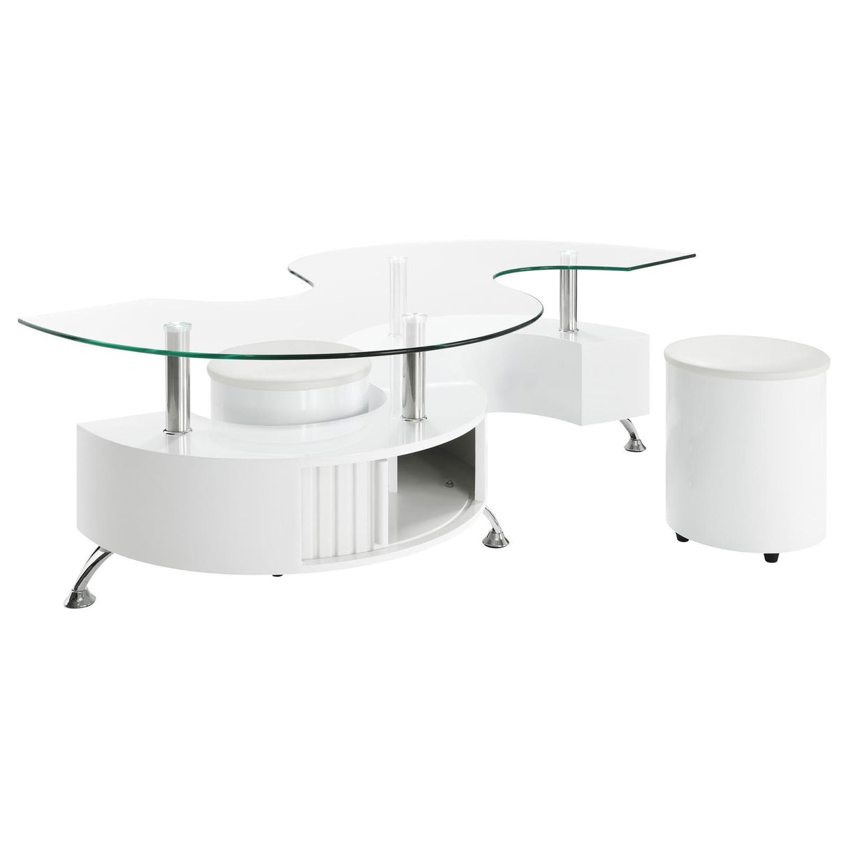 Buckley Curved Glass Top Coffee Table With Stools White High Gloss by Coaster at Eve Furniture